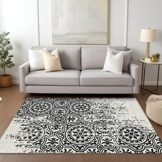 Black And Ivory Medallion Washable Indoor Outdoor Area Rug Photo 8