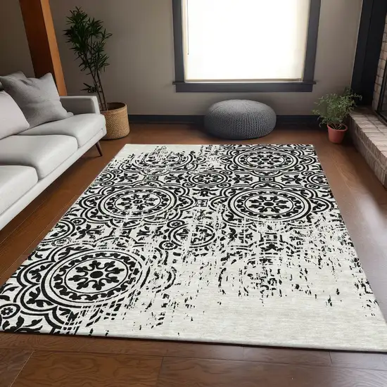 Black And Ivory Medallion Washable Indoor Outdoor Area Rug Photo 7