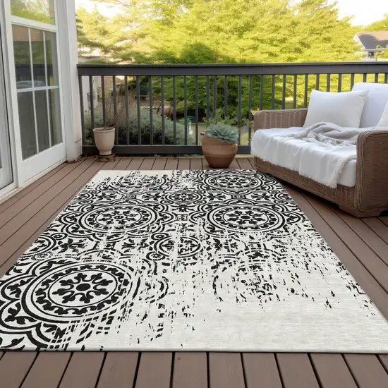 Black And Ivory Medallion Washable Indoor Outdoor Area Rug Photo 6