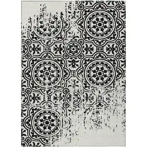 Photo of Black And Ivory Medallion Washable Indoor Outdoor Area Rug