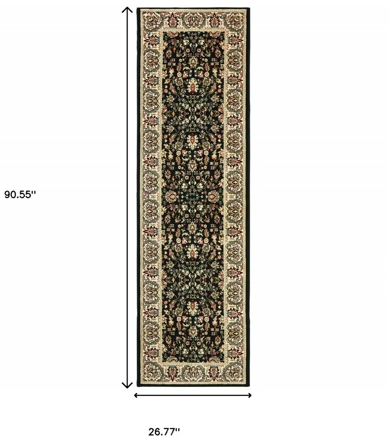 Black And Ivory Oriental Power Loom Stain Resistant Runner Rug Photo 4