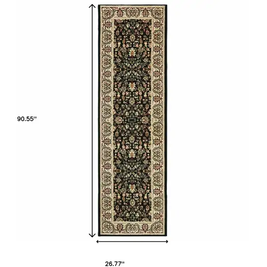 Black And Ivory Oriental Power Loom Stain Resistant Runner Rug Photo 4