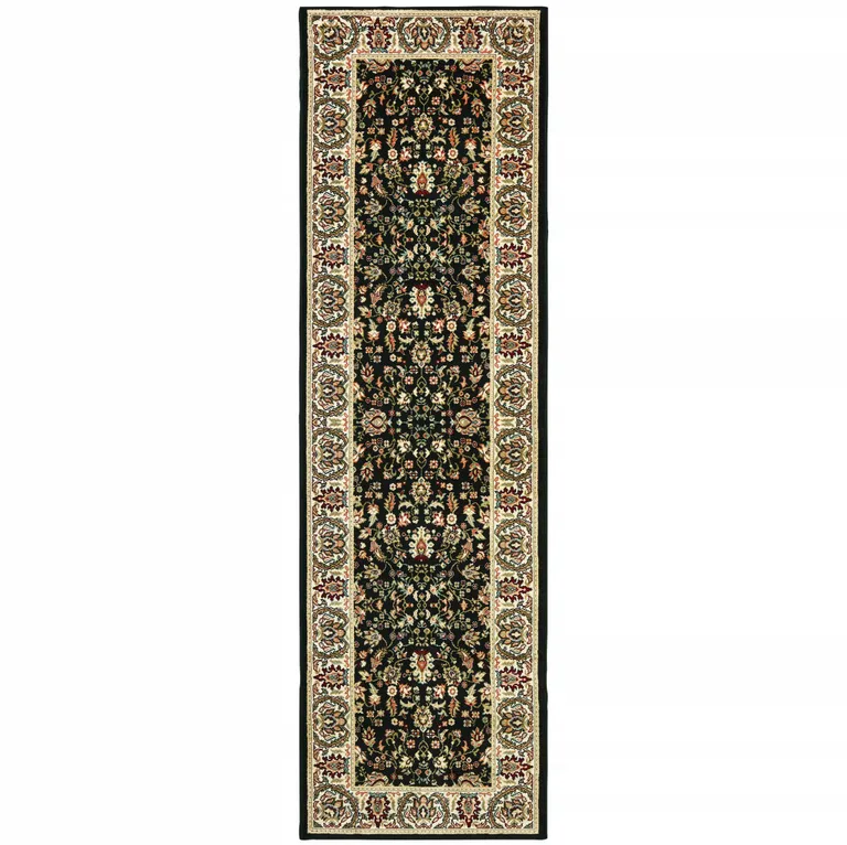 Black And Ivory Oriental Power Loom Stain Resistant Runner Rug Photo 1