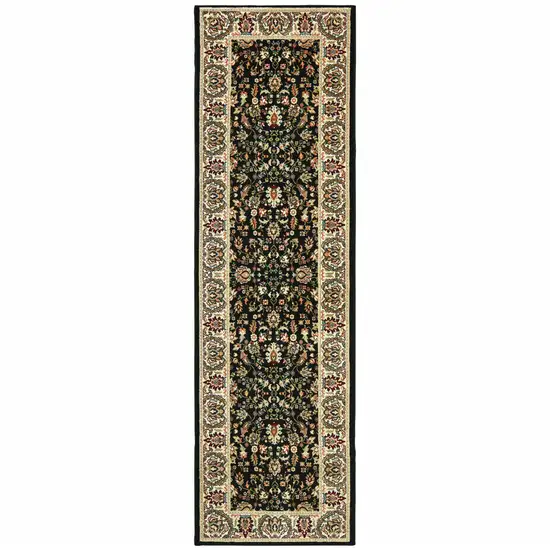 Black And Ivory Oriental Power Loom Stain Resistant Runner Rug Photo 1