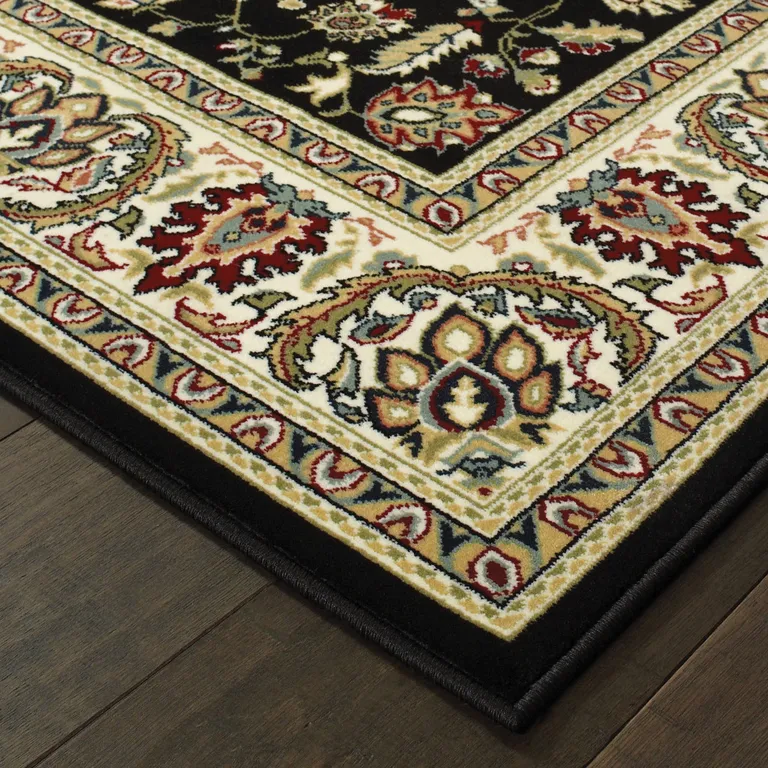 Black And Ivory Oriental Power Loom Stain Resistant Runner Rug Photo 3