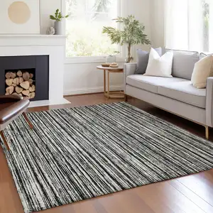 Photo of Black And Ivory Striped Washable Indoor Outdoor Area Rug