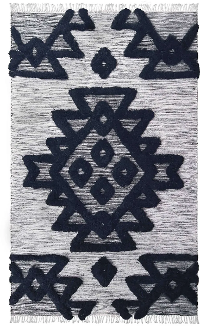 Black And Ivory Wool Geometric Flatweave Handmade Stain Resistant Area Rug With Fringe Photo 1