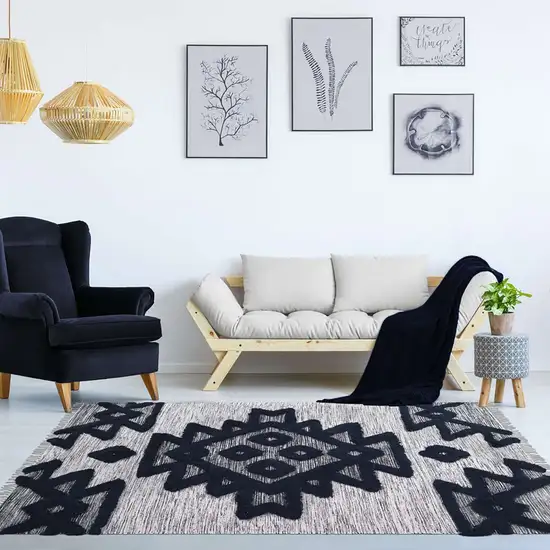 Black And Ivory Wool Geometric Flatweave Handmade Stain Resistant Area Rug With Fringe Photo 6