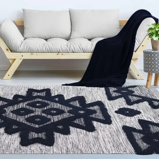 Black And Ivory Wool Geometric Flatweave Handmade Stain Resistant Area Rug With Fringe Photo 8