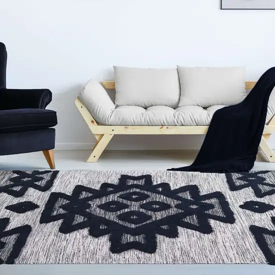 Black And Ivory Wool Geometric Flatweave Handmade Stain Resistant Area Rug With Fringe Photo 7