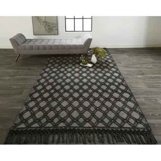 Black And Ivory Wool Geometric Hand Woven Area Rug With Fringe Photo 5