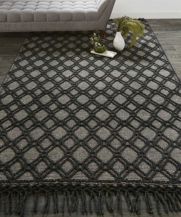 Black And Ivory Wool Geometric Hand Woven Area Rug With Fringe Photo 1