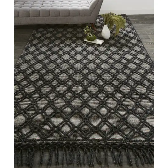 Black And Ivory Wool Geometric Hand Woven Area Rug With Fringe Photo 1