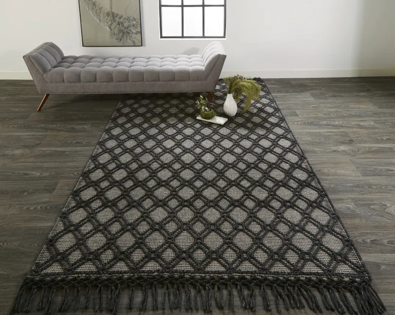 Black And Ivory Wool Geometric Hand Woven Area Rug With Fringe Photo 2