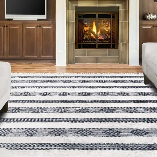 Black And Ivory Wool Striped Flatweave Handmade Stain Resistant Area Rug With Fringe Photo 7