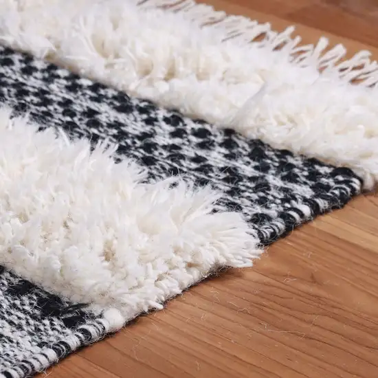 Black And Ivory Wool Striped Flatweave Handmade Stain Resistant Area Rug With Fringe Photo 4