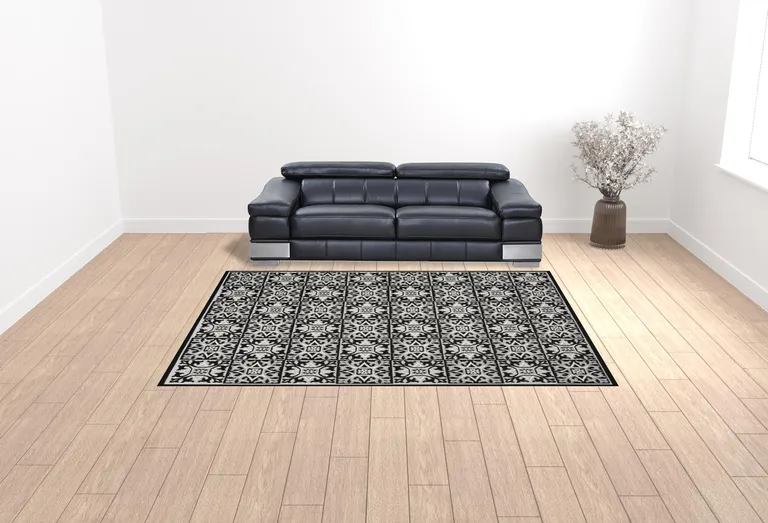 Black And White Fleur De Lis Stain Resistant Non Skid Area Rug Photo 2