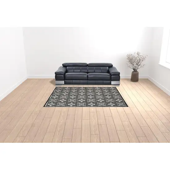 Black And White Fleur De Lis Stain Resistant Non Skid Area Rug Photo 2