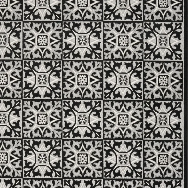 Black And White Fleur De Lis Stain Resistant Non Skid Area Rug Photo 3