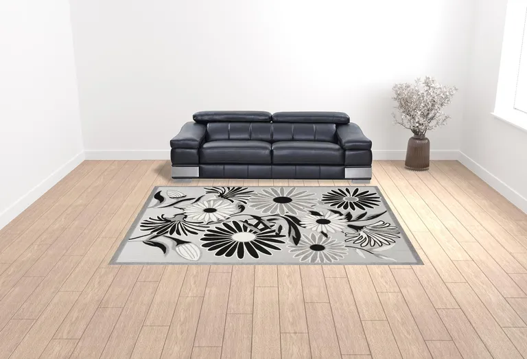 Black And White Floral Stain Resistant Non Skid Area Rug Photo 2