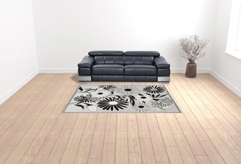 Black And White Floral Stain Resistant Non Skid Area Rug Photo 2