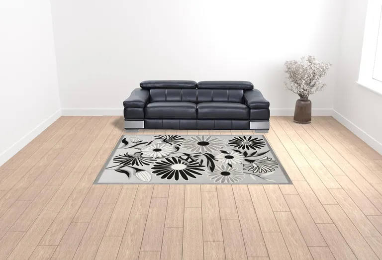 Black And White Floral Stain Resistant Non Skid Area Rug Photo 2