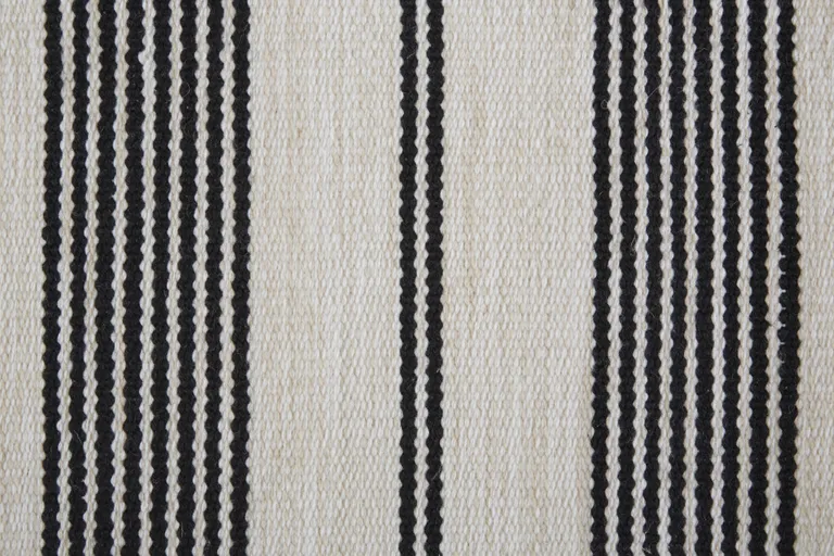 Black And White Striped Dhurrie Hand Woven Stain Resistant Area Rug Photo 2