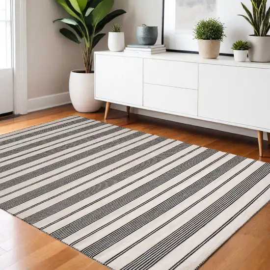 Black And White Striped Dhurrie Hand Woven Stain Resistant Area Rug Photo 1