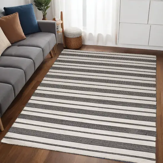 Black And White Striped Dhurrie Hand Woven Stain Resistant Area Rug Photo 1