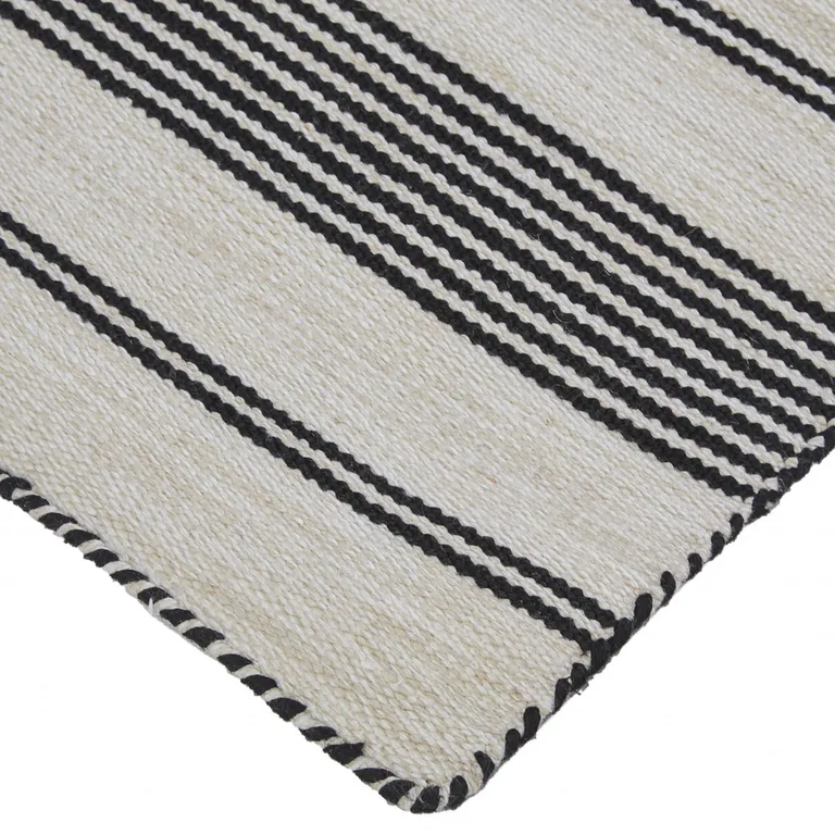 Black And White Striped Dhurrie Hand Woven Stain Resistant Area Rug Photo 3