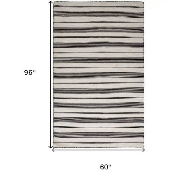 Black And White Striped Dhurrie Hand Woven Stain Resistant Area Rug Photo 3