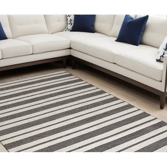 Black And White Striped Dhurrie Hand Woven Stain Resistant Area Rug Photo 2