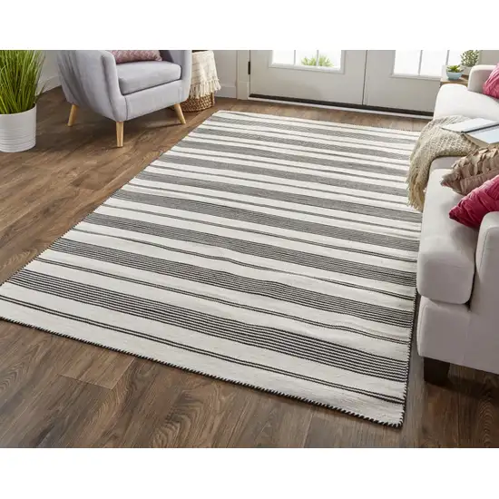 Black And White Striped Dhurrie Hand Woven Stain Resistant Area Rug Photo 5