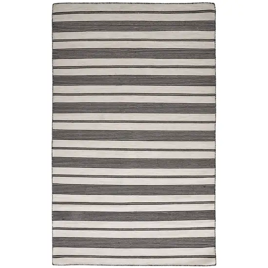 Black And White Striped Dhurrie Hand Woven Stain Resistant Area Rug Photo 4