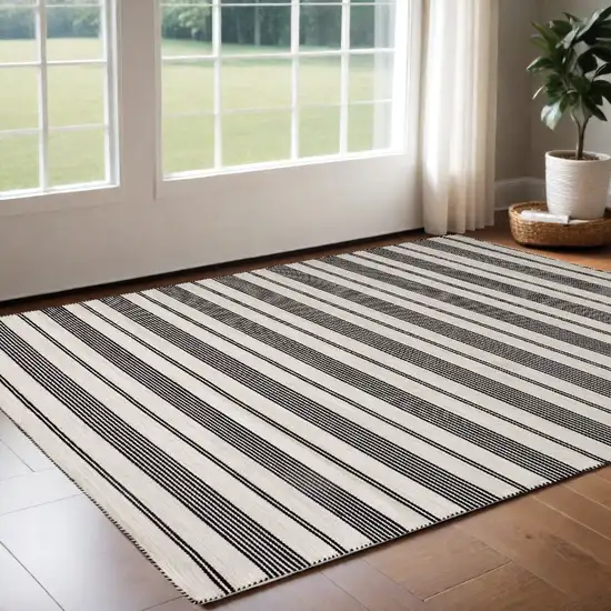 Black And White Striped Dhurrie Hand Woven Stain Resistant Area Rug Photo 1