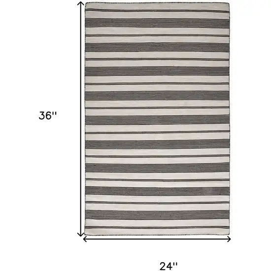 Black And White Striped Dhurrie Hand Woven Stain Resistant Area Rug Photo 3