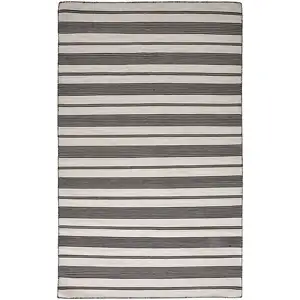 Photo of Black And White Striped Dhurrie Hand Woven Stain Resistant Area Rug