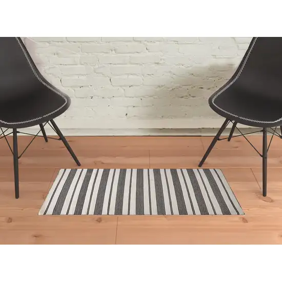 Black And White Striped Dhurrie Hand Woven Stain Resistant Area Rug Photo 2