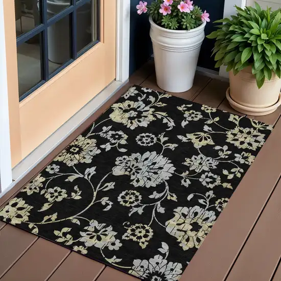 Black Artichoke Green And Silver Floral Washable Indoor Outdoor Area Rug Photo 1