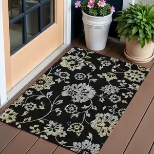 Photo of Black Artichoke Green And Silver Floral Washable Indoor Outdoor Area Rug