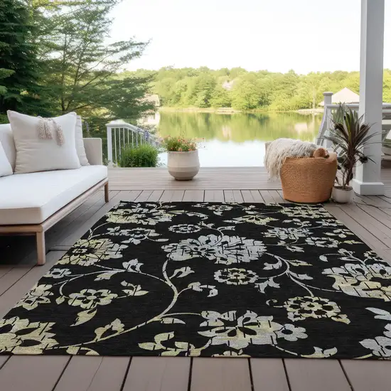 Black Artichoke Green And Silver Floral Washable Indoor Outdoor Area Rug Photo 9