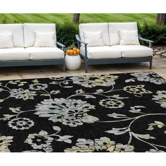 Black Artichoke Green And Silver Floral Washable Indoor Outdoor Area Rug Photo 1