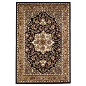 Photo of Black Beige Machine Woven Floral Medallion Indoor Accent Rug