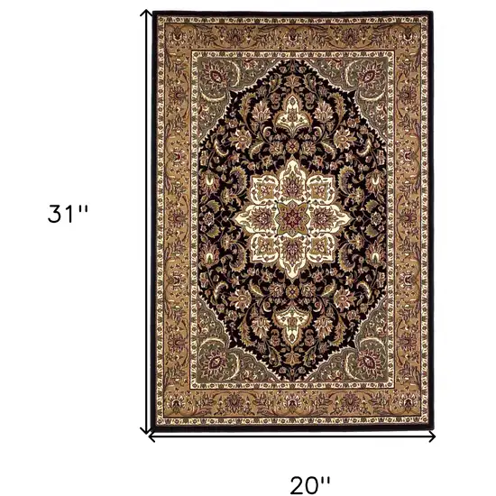 Black Beige Machine Woven Floral Medallion Indoor Accent Rug Photo 7