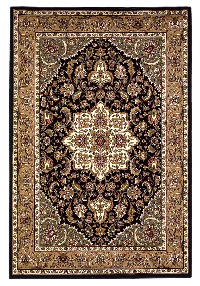 Black Beige Machine Woven Floral Medallion Indoor Accent Rug Photo 1