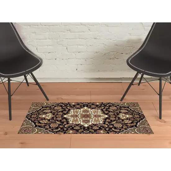 2'X3' Black Beige Machine Woven Floral Medallion Indoor Accent Rug Photo 2