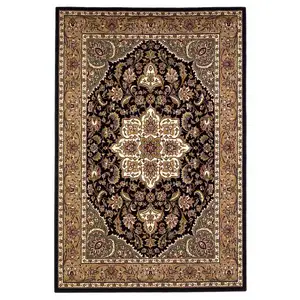 Photo of Black Beige Machine Woven Floral Medallion Indoor Area Rug