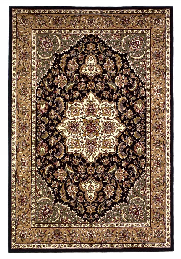 Black Beige Machine Woven Floral Medallion Indoor Area Rug Photo 1