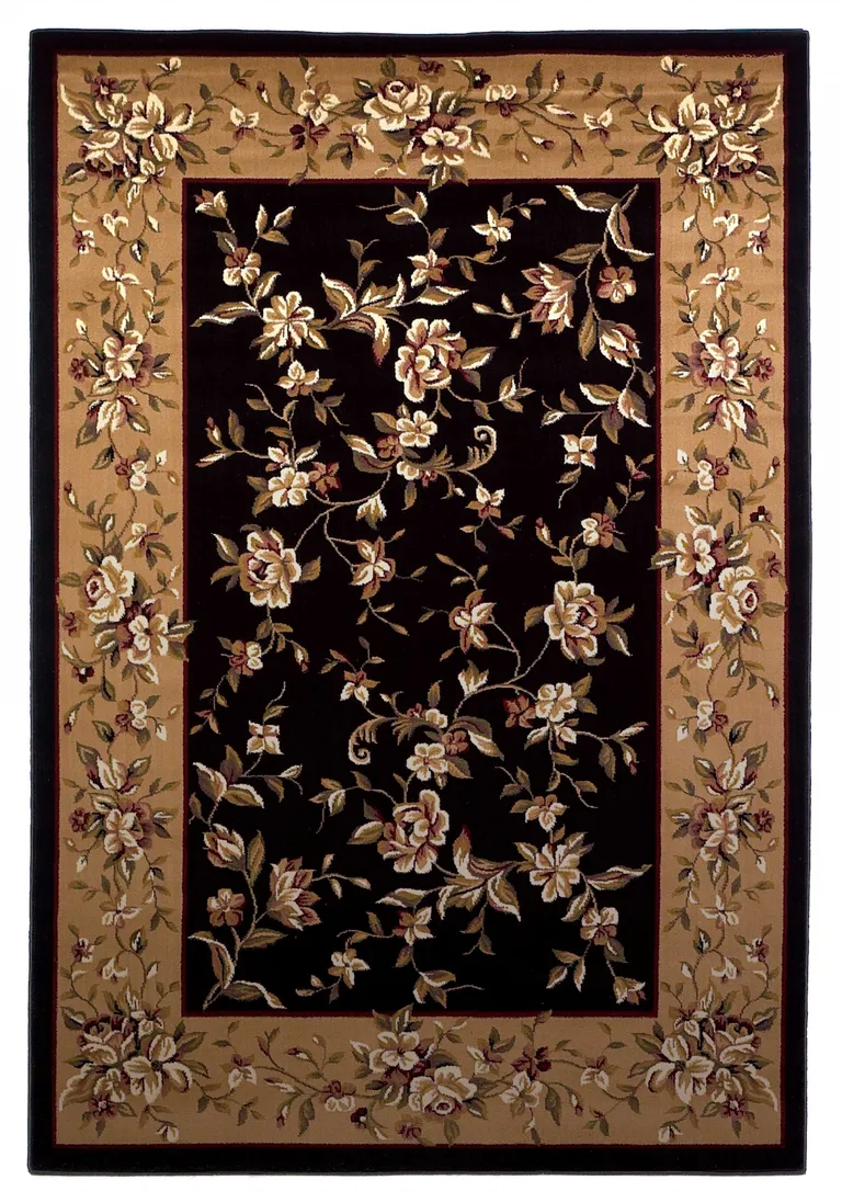 Black Beige Machine Woven Floral Vines Indoor Area Rug Photo 1