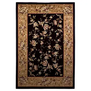 Photo of Black Beige Machine Woven Floral Vines Indoor Area Rug